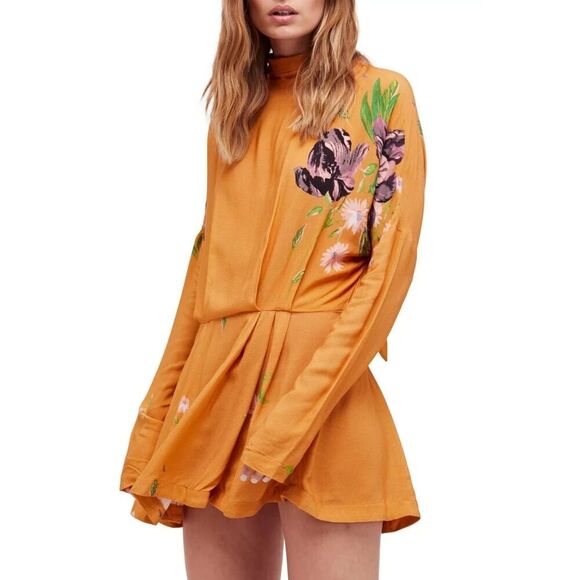 FREE PEOPLE Mustard Yellow Purple Floral Long Sleeve Open Back Mini Dress Large - Picture 1 of 9